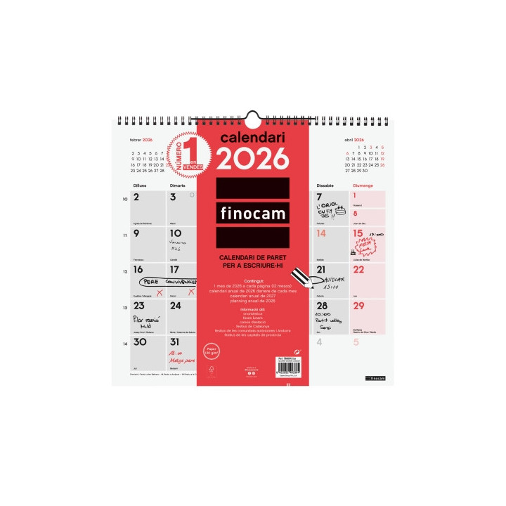 Finocam Calendario de Pared en Catalan - Anual 2026 - 340x5x330mm - Espacio para Escribir - Color Blanco y Rojo