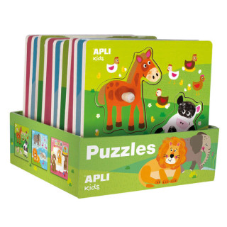 Apli Expositor de Puzles de Madera Encajables Tematica Infantil Animales - 20x20 cm - 9 Puzles con Guia Impresa - Alto Valor Di