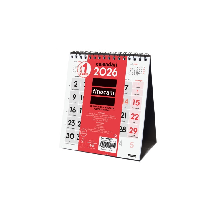 Finocam Calendario de Sobremesa en Catalan - Anual 2026 - 140x70x155mm - Numeros Grandes - Color Blanco y Rojo