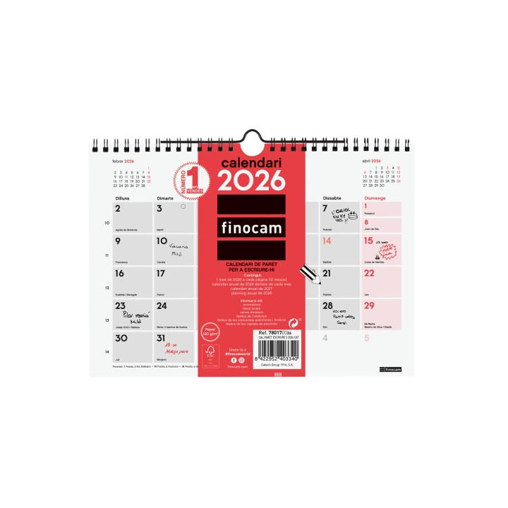 Finocam Calendario de Pared en Catalan - Anual 2026 - 210x5x160mm - Espacio para Escribir - Color Blanco y Rojo