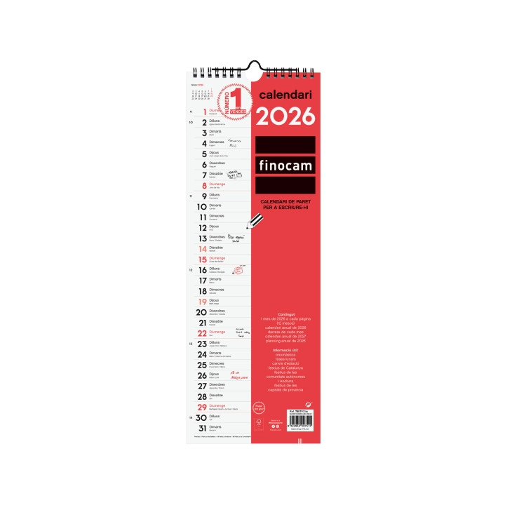 Finocam Calendario de Pared en Catalan - Anual 2026 - 155x5x440mm - Espacio para Escribir - Color Blanco y Rojo