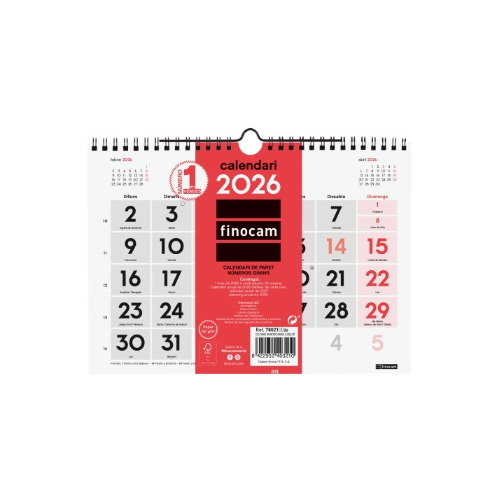 Finocam Calendario de Pared en Catalan - Anual 2026 - 210x5x155mm - Numeros Grandes - Color Blanco y Rojo