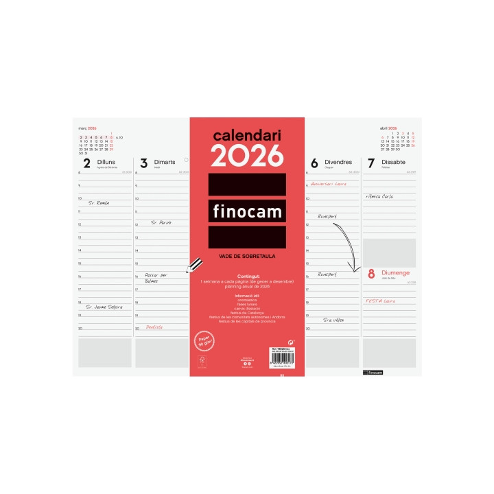 Finocam Vade Protector de Escritorio en Catalan - Anual 2026 - Encolado - 420x7x310mm - Semana Vista en Vertical - Color Blanco