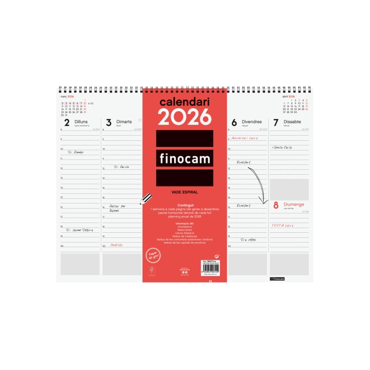 Finocam Vade Calendario de Sobremesa en Catalan - Anual 2026 - con Espiral - 420x8x320mm - Semana Vista en Vertical - Color Bla