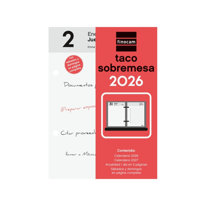 Finocam Taco de Sobremesa - Anual 2026 - 85x35x120mm - Sobremesa - Color Blanco y Rojo