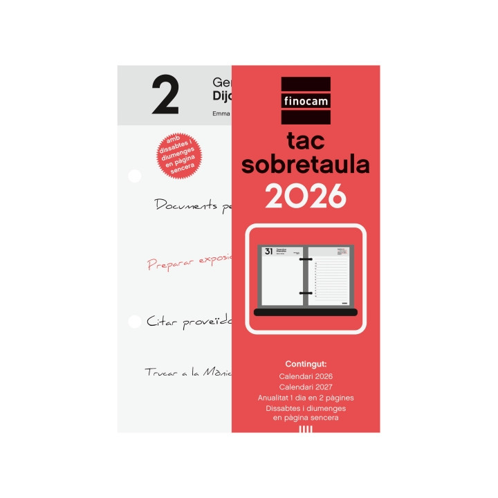 Finocam Taco de Sobremesa en Catalan - Anual 2026 - 85x35x120mm - Color Blanco y Rojo