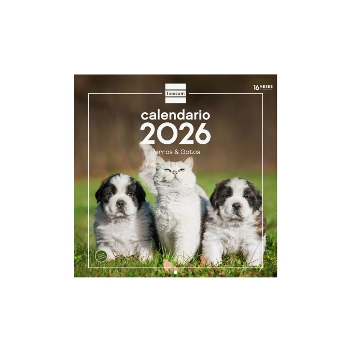 Finocam Calendario de Pared - Anual 2026 - Imagenes Variadas - 300x300mm - Espacio para Escribir - Tematica de Perros y Gatos