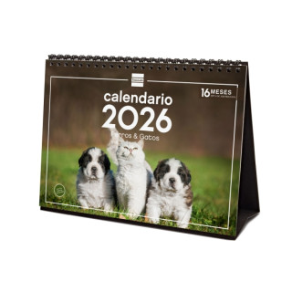 Finocam Calendario de Sobremesa - Anual 2026 - Imagenes Variadas - Espacio para Escribir - Tematica de Perros y Gatos