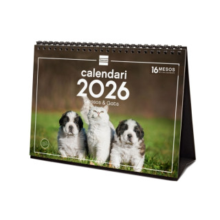 Finocam Calendario de Sobremesa en Catalan - Anual 2026 - Imagenes Variadas - Espacio para Escribir - Tematica de Perros y Gato