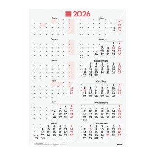 Finocam Poster Calendario Tipo Poster - Anual 2026 - Espacio para Escribir - 485x680mm - Numeros Grandes - Color Blanco y Rojo