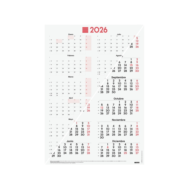 Finocam Poster Calendario Tipo Poster - Anual 2026 - Espacio para Escribir - 485x680mm - Numeros Grandes - Color Blanco y Rojo