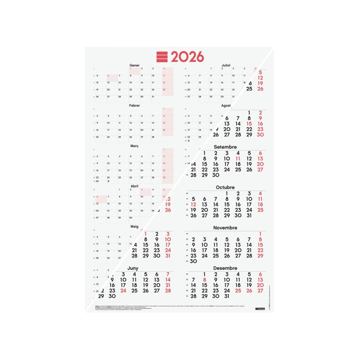 Finocam Poster Calendario Tipo Poster en Catalan - Anual 2026 - Espacio para Escribir - 485x680mm - Numeros Grandes - Color Bla