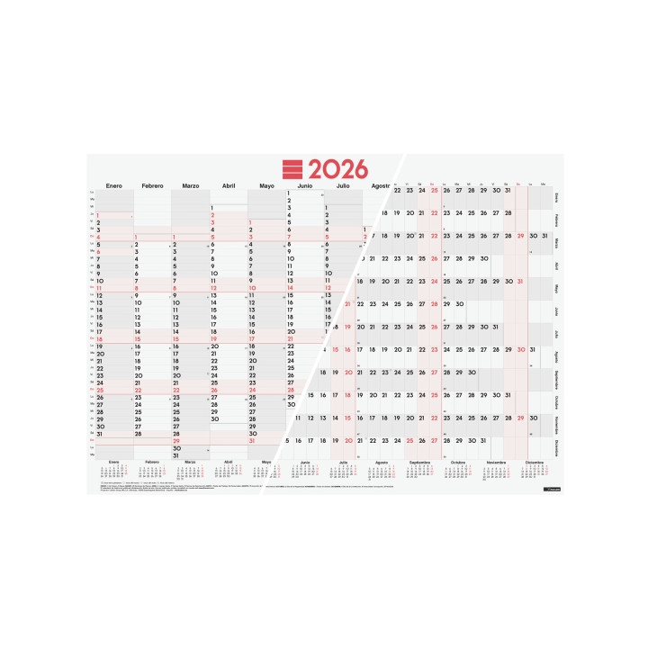 Finocam Planificador de Tipo Poster - Anual 2026 - Espacio para Escribir - 680x485mm - Numeros Grandes - Color Blanco y Rojo