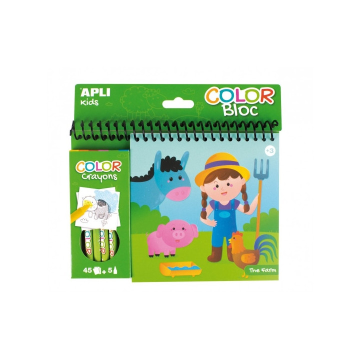 Apli Bloc de Dibujos de la Granja con Ceras - Ilustrado por Isabelle Nicolle - 45 Paginas - 5 Ceras de Colores - Ideal para Via
