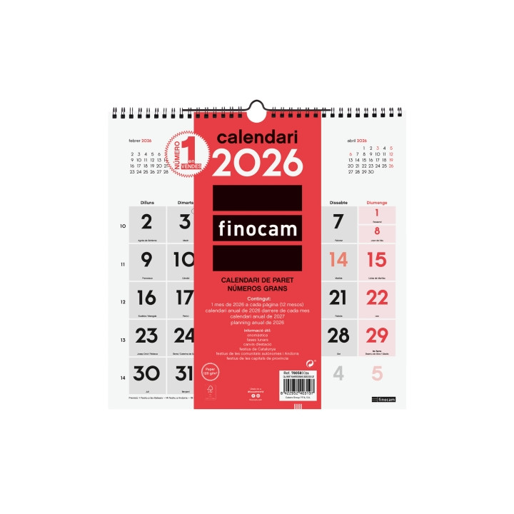 Finocam Calendario de Pared en Catalan - Anual 2026 - 300x5x310mm - Numeros Grandes - Color Blanco y Rojo