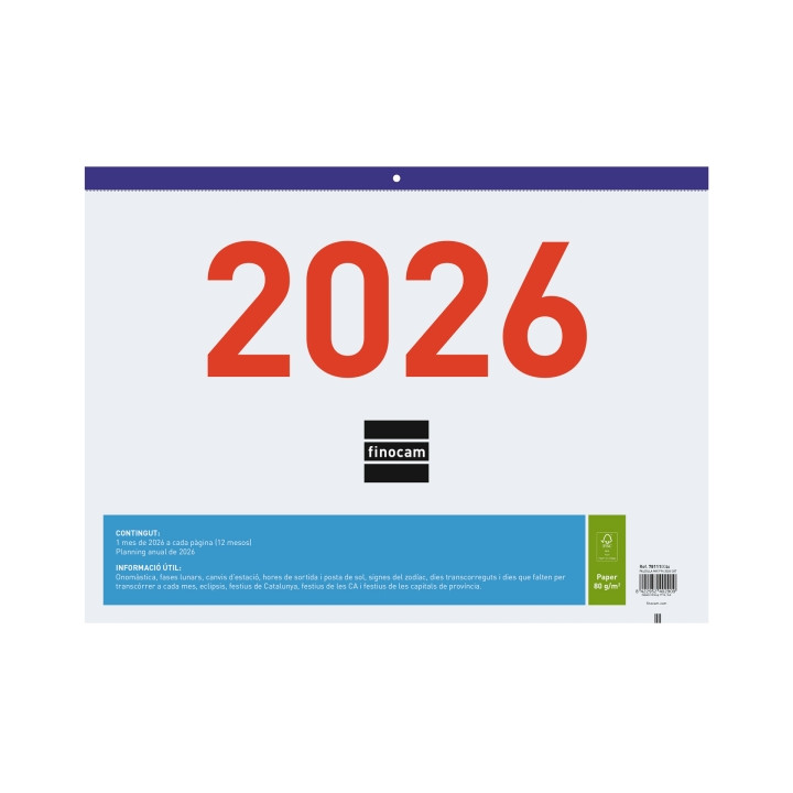 Finocam Calendario Faldilla en Catalan - Anual 2026 - Espacio para Escribir - Formato F94 - 430x3x310mm - Numeros Grandes - Col