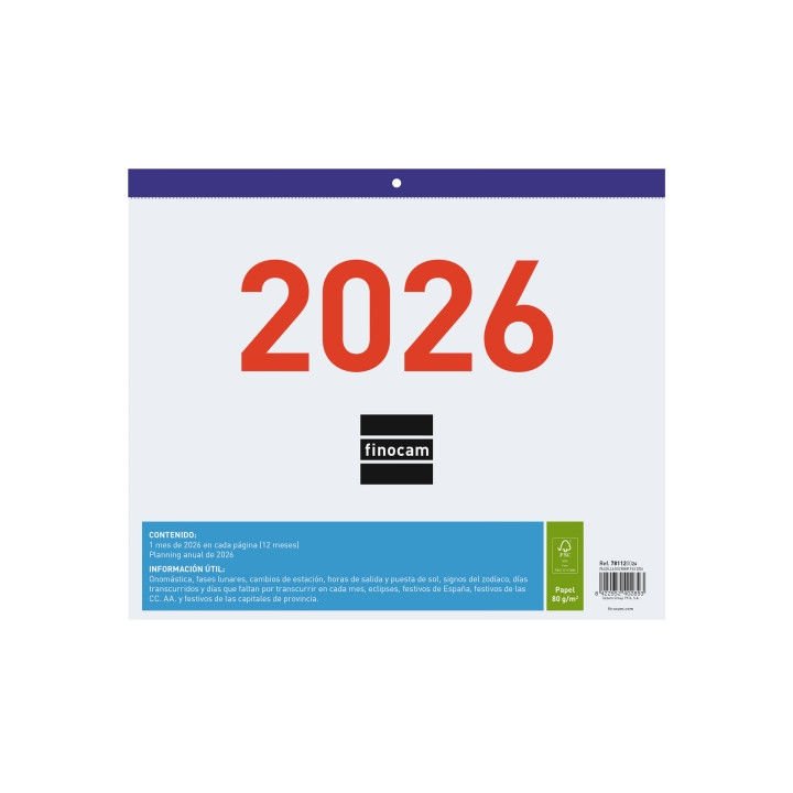 Finocam Calendario Faldilla - Anual 2026 - Formato F43 - 300x3x247mm - Espacio para Escribir - Color Blanco y Azul