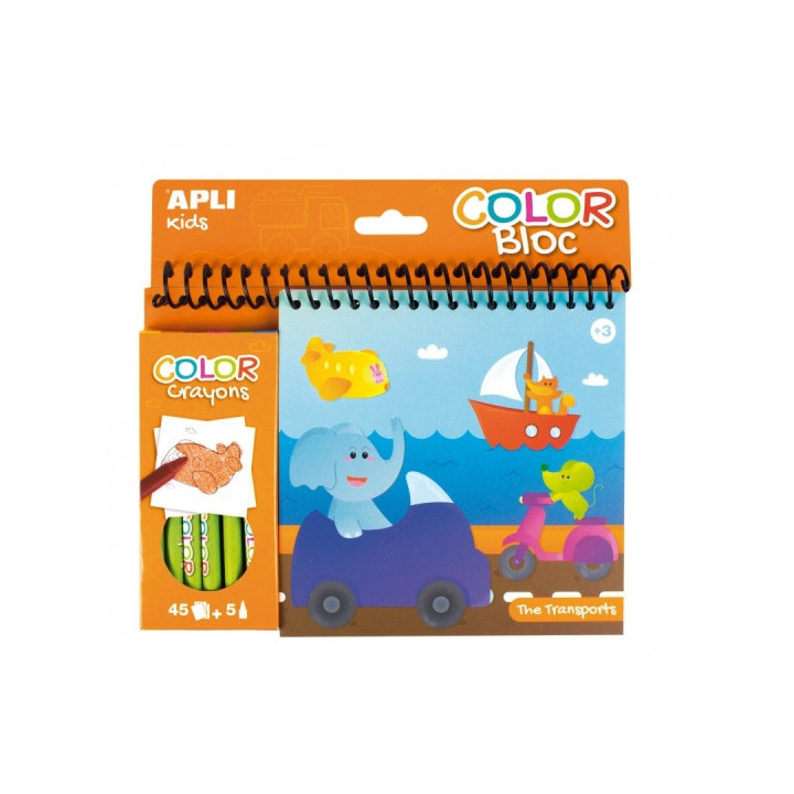 Apli Bloc de Dibujos de Transportes con Ceras - Ilustrado por Isabelle Nicolle - 45 Paginas - 5 Ceras de Colores - Ideal para V