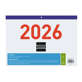 Finocam Calendario Faldilla - Anual 2026 - Formato F93 - 300x3x210mm - Numeros Grandes - Color Blanco y Azul