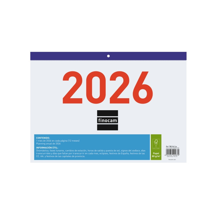 Finocam Calendario Faldilla - Anual 2026 - Formato F93 - 300x3x210mm - Numeros Grandes - Color Blanco y Azul