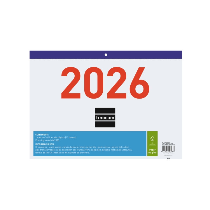 Finocam Calendario Faldilla en Catalan - Anual 2026 - Formato F93 - 300x3x210mm - Numeros Grandes - Color Blanco y Azul