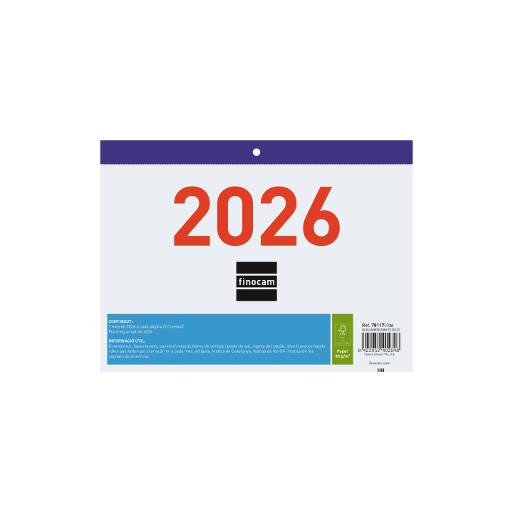 Finocam Calendario Faldilla en Catalan - Anual 2026 - Formato F92 - 210x3x150mm - Numeros Grandes - Color Blanco y Azul