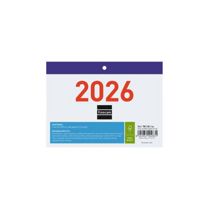 Finocam Calendario Faldilla - Anual 2026 - Formato F91 - 150x3x105mm - Numeros Grandes - Color Blanco y Azul