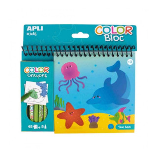 Apli Bloc de Dibujos del Mar con Ceras - Ilustrado por Isabelle Nicolle - 45 Paginas - 5 Ceras de Colores - Ideal para Viajes -