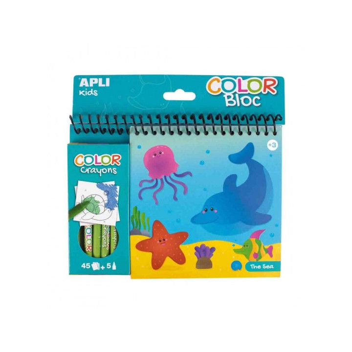 Apli Bloc de Dibujos del Mar con Ceras - Ilustrado por Isabelle Nicolle - 45 Paginas - 5 Ceras de Colores - Ideal para Viajes -