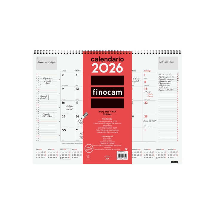 Finocam Vade Calendario de Sobremesa - Anual 2026 - con Espiral - 420x8x320mm - Mes Vista - Color Blanco y Rojo