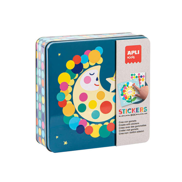 Apli Juegos de Gomets Luna - Incluye 16 Laminas y 12 Hojas de Gomets Removibles - Alto Valor Didactico - Caja Metalica con Dise