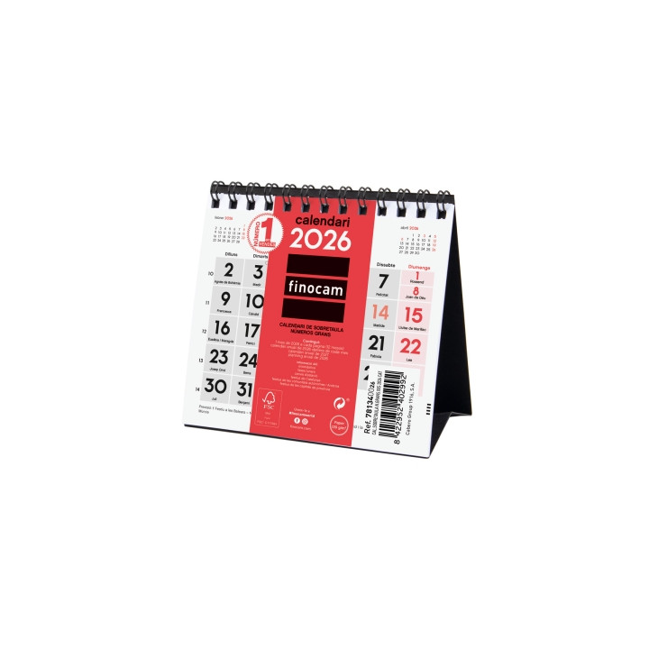 Finocam Calendario de Sobremesa en Catalan - Anual 2026 - 110x40x140mm - Numeros Grandes - Color Blanco y Rojo