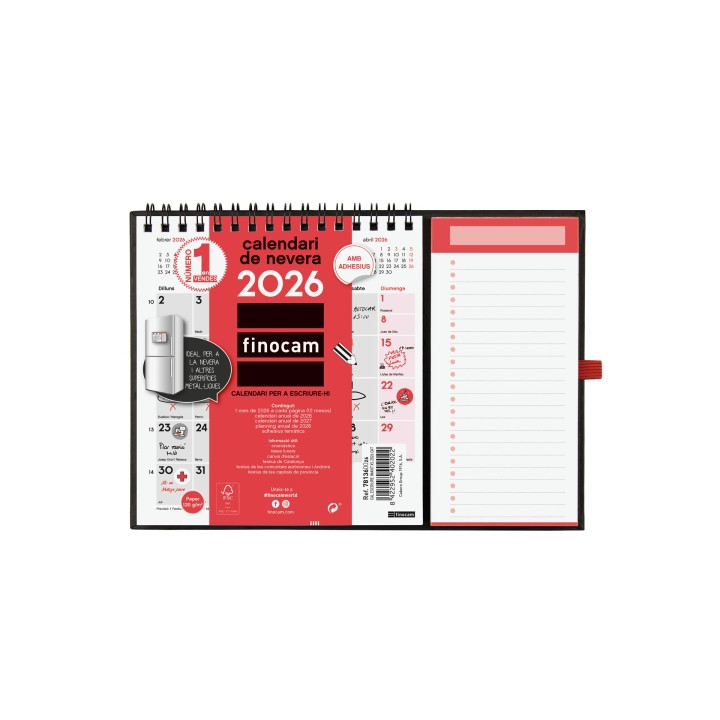 Finocam Calendario Imantado en Catalan - Anual 2026 - 224x12x160mm - Espacio para Escribir - Color Blanco y Rojo