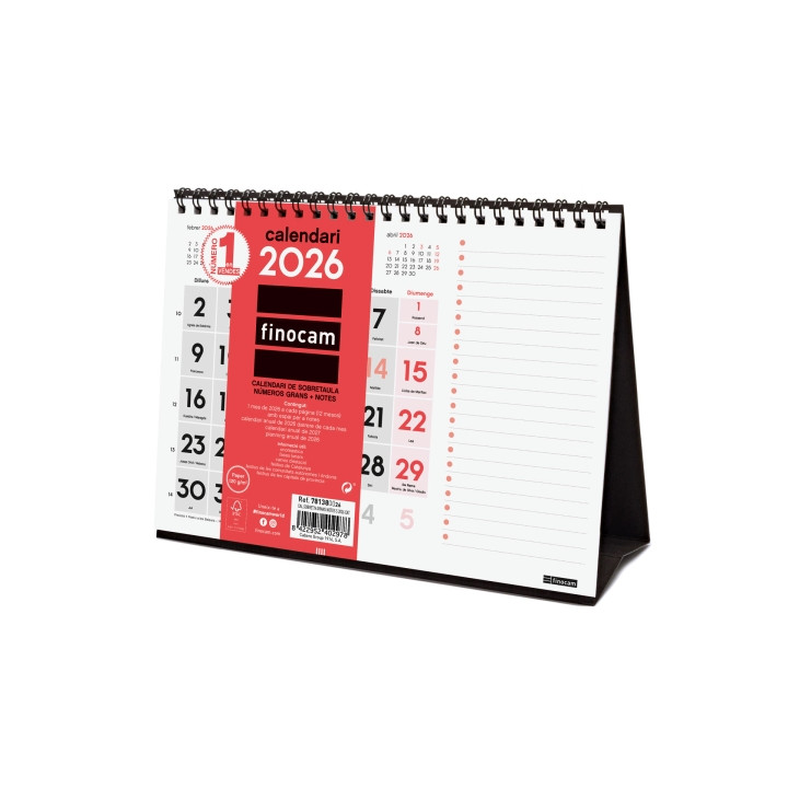 Finocam Calendario de Sobremesa en Catalan - Anual 2026 - Espacio para Notas - 210x70x160mm - Numeros Grandes - Color Blanco y