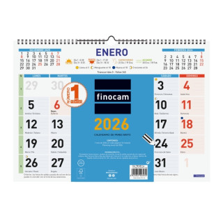 Finocam Calendario de Pared - Anual 2026 - Espacio para Escribir - Formato L - 430x10x310mm - Numeros Grandes - Color Azul y Bl
