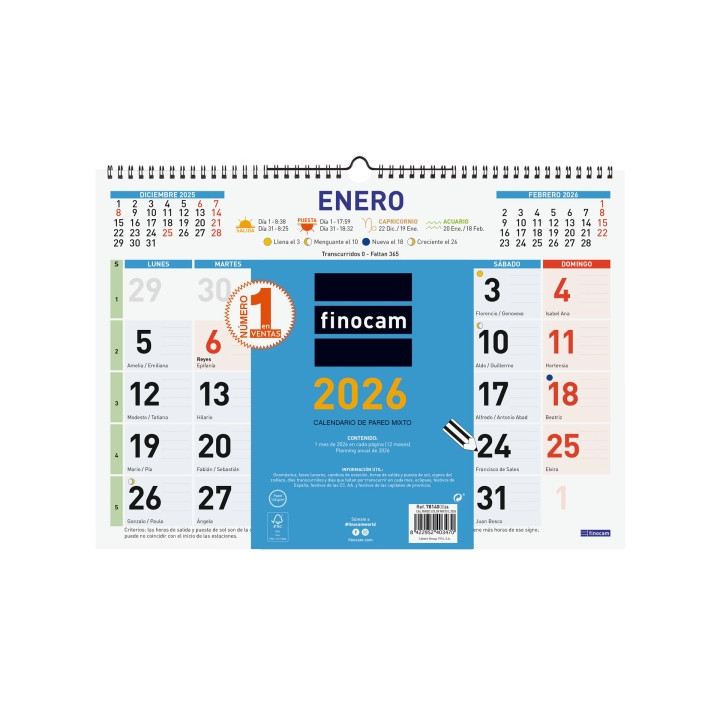 Finocam Calendario de Pared - Anual 2026 - Espacio para Escribir - Formato L - 430x10x310mm - Numeros Grandes - Color Azul y Bl