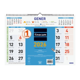 Finocam Calendario de Pared en Catalan - Anual 2026 - Espacio para Escribir - Formato L - 430x10x310mm - Numeros Grandes - Colo