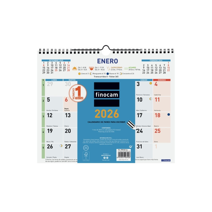 Finocam Calendario de Pared - Anual 2026 - Formato M - 300x10x255mm - Espacio para Escribir - Color Azul y Blanco