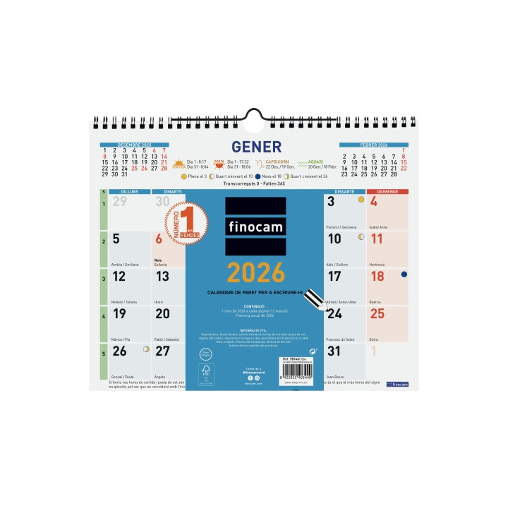 Finocam Calendario de Pared en Catalan - Anual 2026 - Formato M - 300x10x255mm - Espacio para Escribir - Color Azul y Blanco
