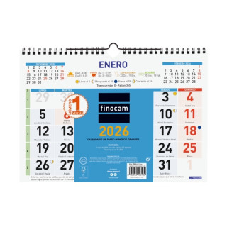 Finocam Calendario de Pared - Anual 2026 - Formato M - 300x10x220mm - Numeros Grandes - Color Azul y Blanco