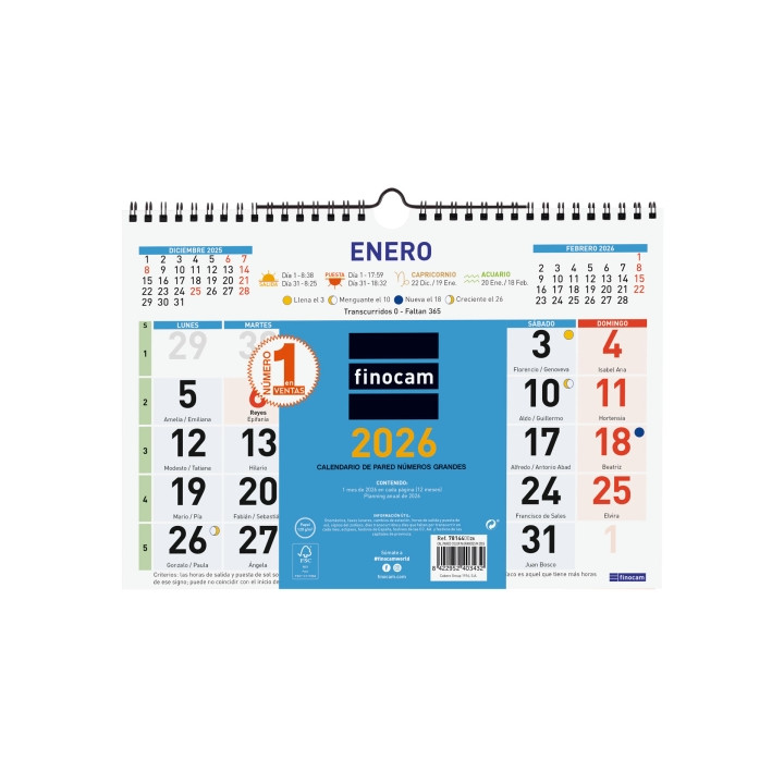 Finocam Calendario de Pared - Anual 2026 - Formato M - 300x10x220mm - Numeros Grandes - Color Azul y Blanco