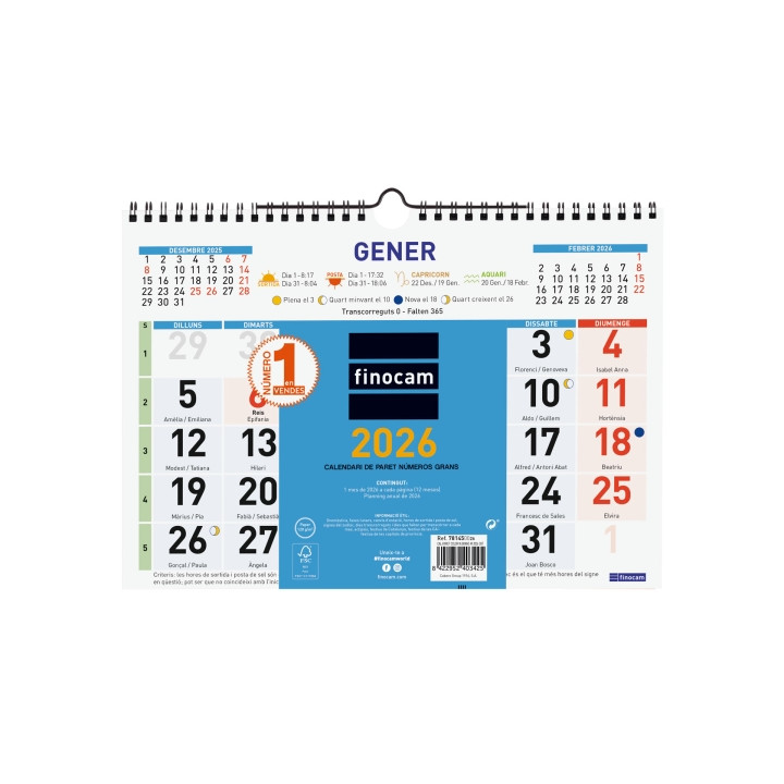 Finocam Calendario de Pared en Catalan - Anual 2026 - Formato M - 300x10x220mm - Numeros Grandes - Color Azul y Blanco