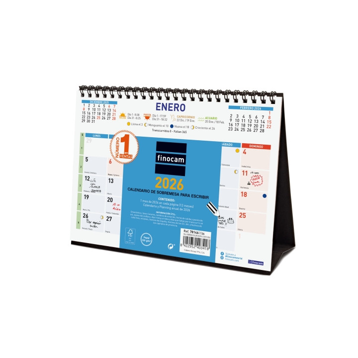 Finocam Calendario de Sobremesa - Anual 2026 - Formato S - 210x70x155mm - Espacio para Escribir - Color Azul y Blanco