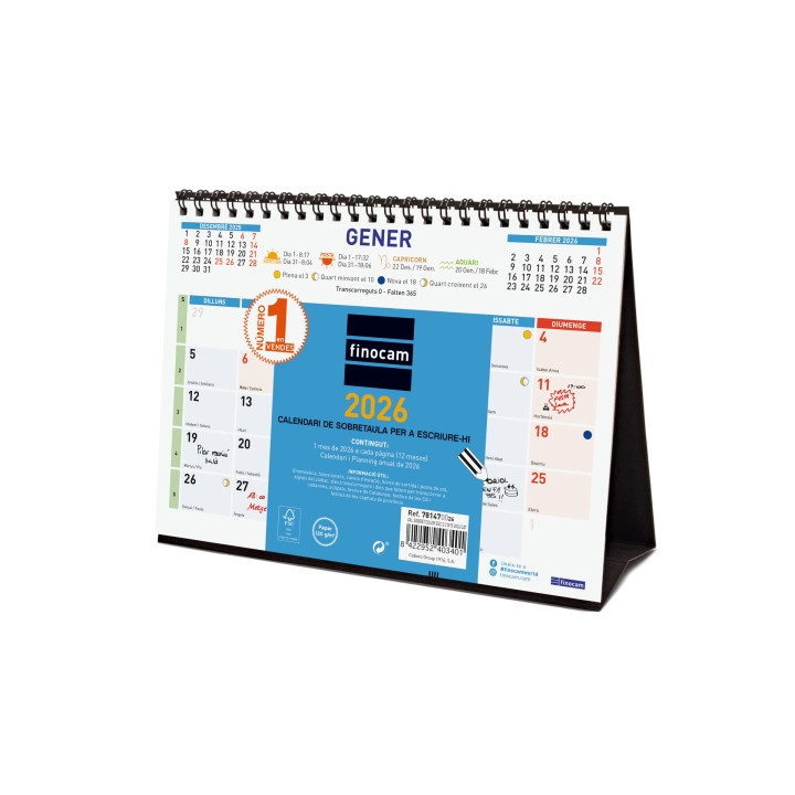 Finocam Calendario de Sobremesa en Catalan - Anual 2026 - Formato S - 210x70x155mm - Espacio para Escribir - Color Azul y Blanc