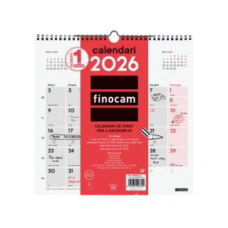 Finocam Calendario de Pared en Catalan - Anual 2026 - 300x5x310mm - Espacio para Escribir - Color Blanco y Rojo