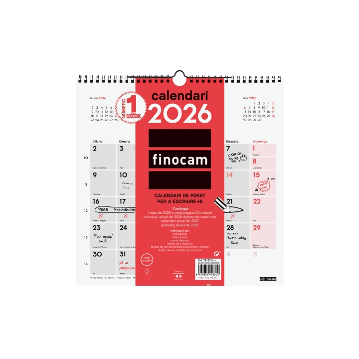 Finocam Calendario de Pared en Catalan - Anual 2026 - 300x5x310mm - Espacio para Escribir - Color Blanco y Rojo