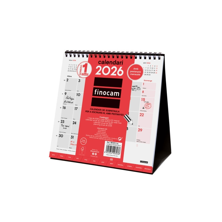 Finocam Calendario de Sobremesa en Catalan - Anual 2026 - Meses en Solapa - 190x70x205mm - Espacio para Escribir - Color Blanco