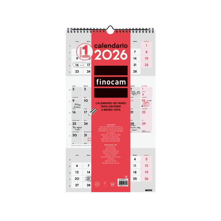 Finocam Calendario de Pared - Anual 2026 - Espacio para Escribir - 236x8x440mm - 3 Meses Vista - Color Blanco y Rojo