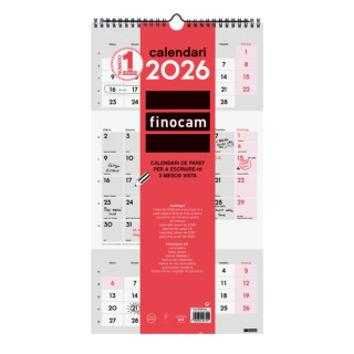 Finocam Calendario de Pared en Catalan - Anual 2026 - Espacio para Escribir - 236x8x440mm - 3 Meses Vista - Color Blanco y Rojo