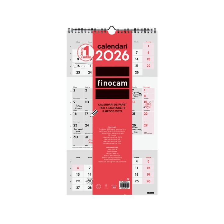 Finocam Calendario de Pared en Catalan - Anual 2026 - Espacio para Escribir - 236x8x440mm - 3 Meses Vista - Color Blanco y Rojo